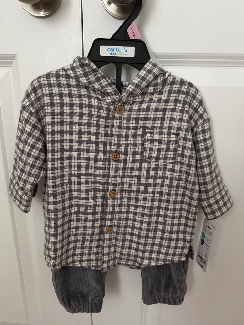 Carter's Gray and Cream Plaid Hooded Button-Up Baby Set
